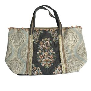 CROSSTREE LANE Embroidered Sequin Multi Gray Pompom Boho Chic Cotton Purse Tote.